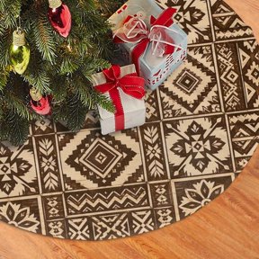 Tribal Patchwork Geometric Pattern Art Christmas Tree Skirt, Round Plush Xmas Tree Skirts with 3 Red Ties for Holiday Decor, 30in