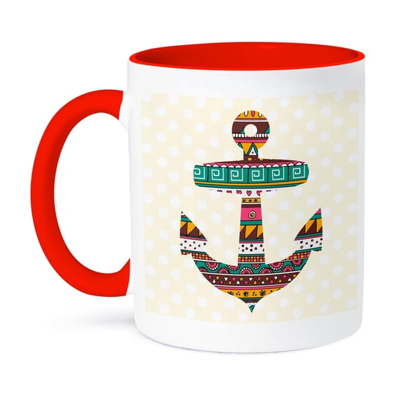 3dRose, Tribal pattern anchor in yellow and turquoise teal green on polka dots - nautical marine sea theme, 15oz Two-Tone Red Mug