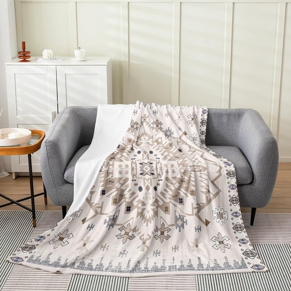 Tribal Pattern Blanket 40x50 Inch Exotic Geometric Lattice Throw Blanket Boho Blue Grey Square Grid Fleece Blanket Retro Bohemian Room Decor National Abstract Triangle Sherpa Blanket