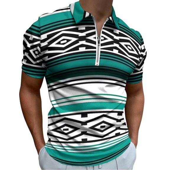 Tribal Pattern Blue White Men Zipper T-shirt Summer Casual Short Sleeve T-shirt Top