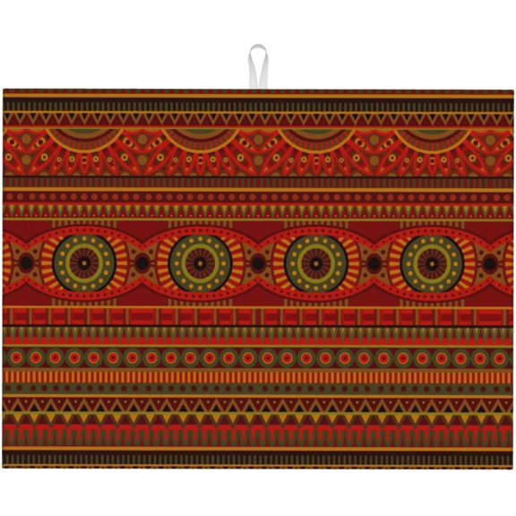 Tribal Pattern Dish Drying Mat Ethnic Geometric African Stripes Red Drying Rack Pad Countertop Dishes Ultra Absorbent Microfiber Kitchen Counter Mat 18x24 Inch