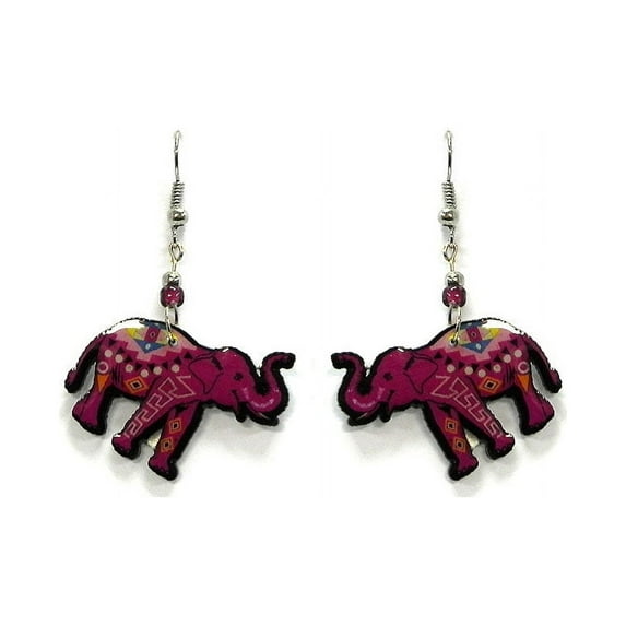 Tribal Pattern Elephant Animal Graphic Dangle Earrings - Womens Fashion Handmade Jewelry Wildlife Accessories