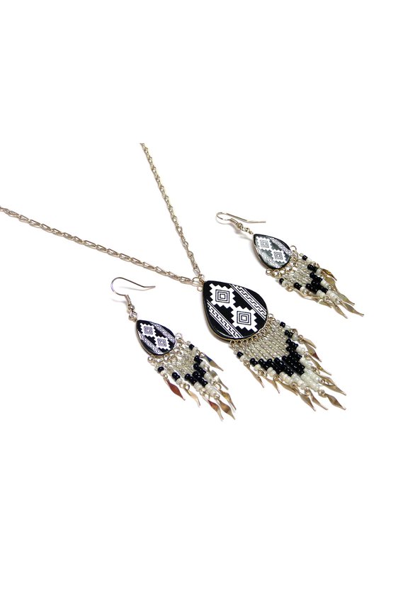Tribal Pattern Large Teardrop Shaped Ceramic Long Beaded Metal Dangle Earrings with Matching Silver Metal Chain Necklace Set - Womens Fashion Handmade Jewelry Boho Accessories