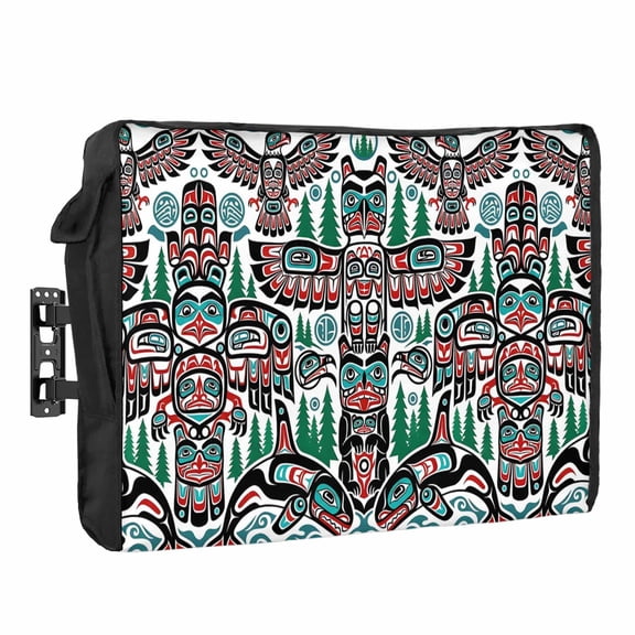 Tribal Pattern Outdoor TV Cover 30 to 32 inch Weatherproof Waterproof, Green Forest Red Birds Fish Abstract Classic TV Enclosures with Remote Control Pocket Flat Screen Protector for Outside