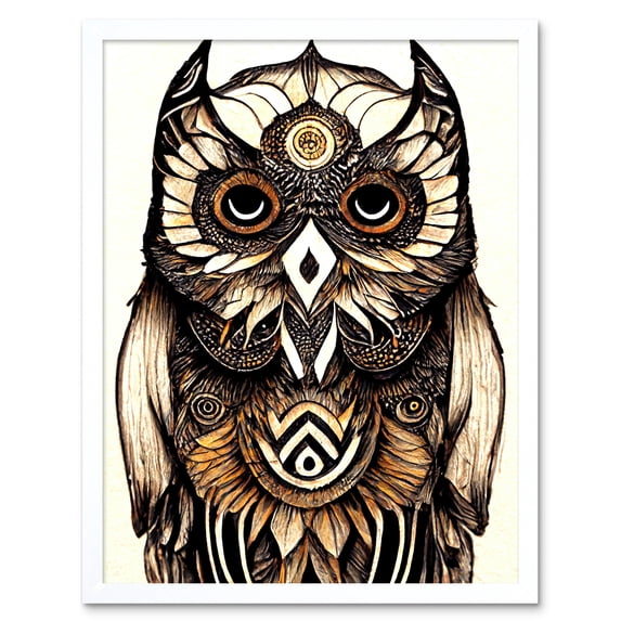 Tribal Pattern Owl Feather Patterns Spirit Animal Illustration Monochrome Art Print Framed Poster Wall Decor 12x16 inch