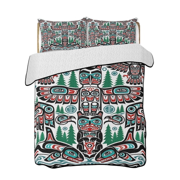 Tribal Pattern Quilts Bedding Set Twin Size Green Forest Red Birds Fish Abstract Classic Lightweight Quilted Bedspread 3 Piece Bed Quilt with 2 Pillow Shams All Season for Bedroom 68" x 86"