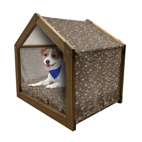 Tribal Pet House, Eastern Style with Brown Backdrop and Colorful Arrows Image, Outdoor & Indoor Portable Dog Kennel with Pillow and Cover, 5 Sizes, Multicolor, by Ambesonne