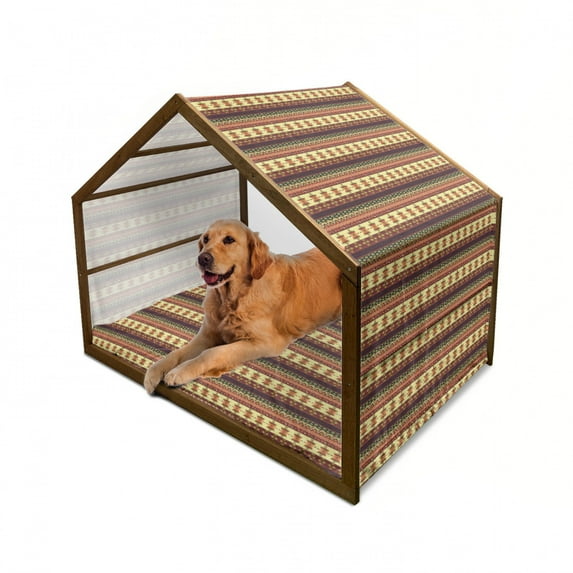 Tribal Pet House, Traditional Arrow Triangles Flying Birds with Roses Colored Borders, Outdoor & Indoor Portable Dog Kennel with Pillow and Cover, 5 Sizes, Multicolor, by Ambesonne