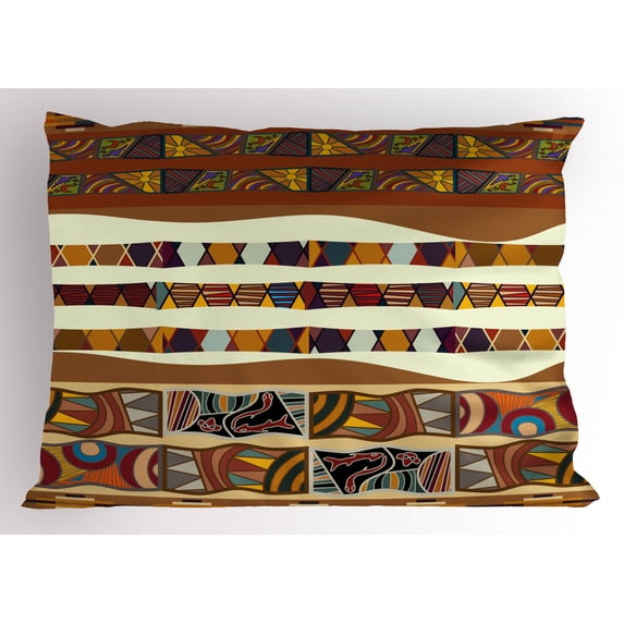 Tribal Pillow Sham Traditional African Folk with Cultural Featured Trippy Icons Boho Abstract Design, Decorative Standard Queen Size Printed Pillowcase, 30 X 20 Inches, Multicolor, by Ambesonne