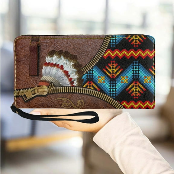 Tribal Print Pu Leather Wrist Strap Wallet Fashion Feather Pattern Zipper Girl Clutch Vintage Travel Wallet Card Holder Female