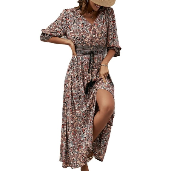 Tribal Print Shirred Waist and Cuffs Button Down Quarter Sleeves Dress