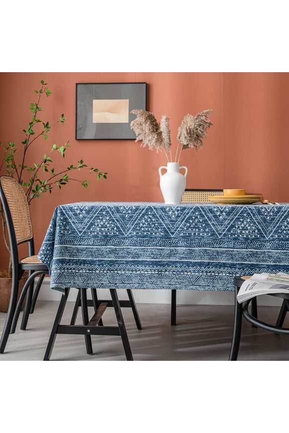 Tribal Print Tablecloth - Blue Geometric Triangle Cotton Linen Rectangle Table Cover, Bohemian Style Dining/Console Tablecloth