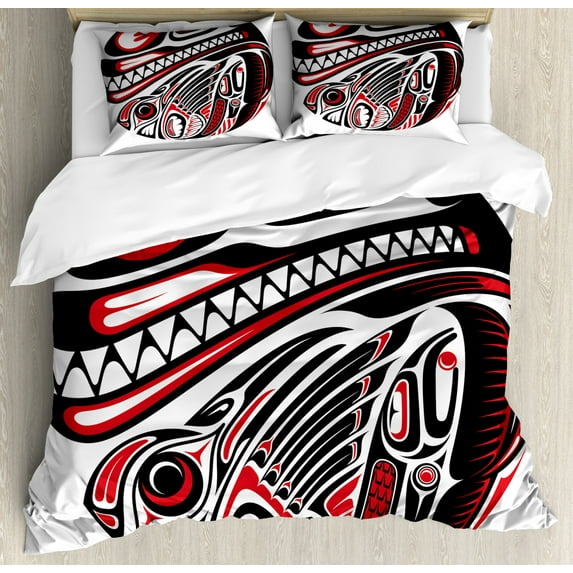 Tribal Queen Size Duvet Cover Set, Haida Style Animal Art Wild Ethnic Eagle and Killer Dog with Sharp Teeth Print, Decorative 3 Piece Bedding Set with 2 Pillow Shams, White Red Black, by Ambesonne