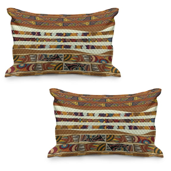 Tribal Quilted Pillowcover Set of 2, Traditional Folk Cultural Featured Trippy Boho Abstract Design, Standard Queen Size Pillow Cover for Bedroom, 36" x 20", Multicolor, by Ambesonne