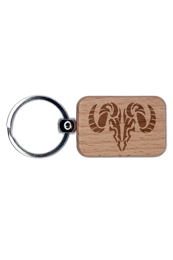 Tribal Ram Skull Rectangle Keychain Charm Tag - Engraved Wood