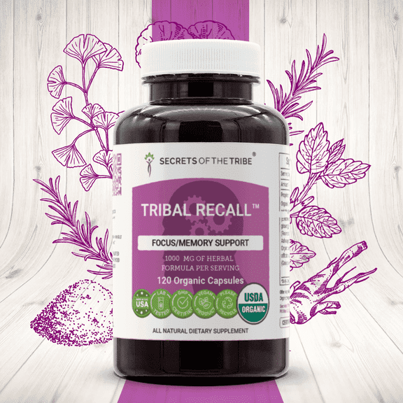 Secrets of the Tribe Tribal Recall Organic Capsules Dietary Supplement, Natural Herb Blend, Made from USDA Certified Organic Gotu Kola, Eleuthero Siberian Ginseng, Rosemary, Ashwagandha 120 Count