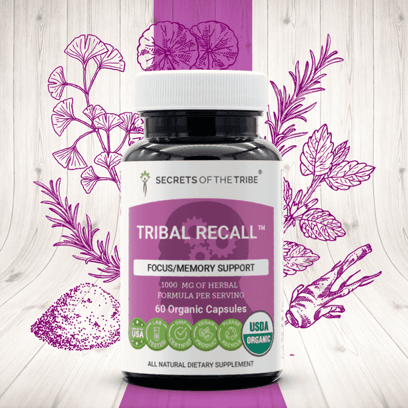 Secrets of the Tribe Tribal Recall Organic Capsules Dietary Supplement, Natural Herb Blend, Made from USDA Certified Organic Gotu Kola, Eleuthero Siberian Ginseng, Rosemary, Ashwagandha 60 Count