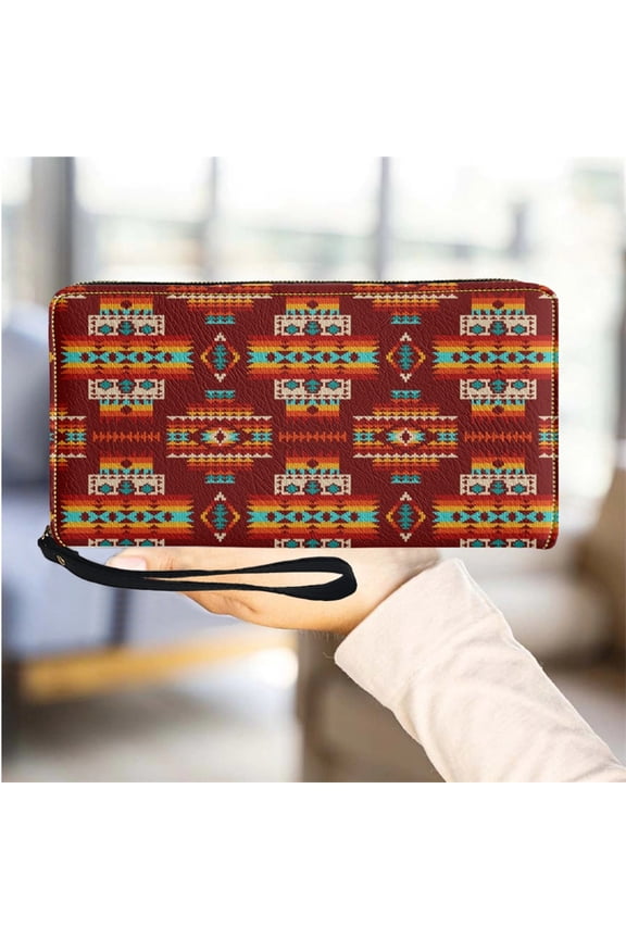 Tribal Red Pattern Fashion Leather Women Wallet Zipper Long Purse for Female Multifunction Travel Card Holder Girls Cash Bags