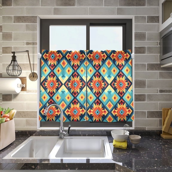 Tribal Rustic Pattern Retro Kitchen Curtains Half Tier Curtain 2 Rod Pockets Bathroom Bedroom Cupborad Living Room 27"x24"