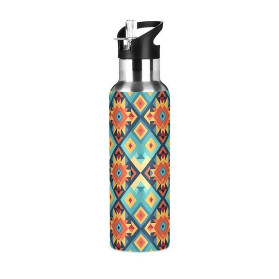 Tribal Rustic Pattern Retro Sports Water Bottle with Straw Lid Insulated Stainless Steel Leak Proof BPA Free Thermal Mug with Handle for Gym Yoga Cycling Camping