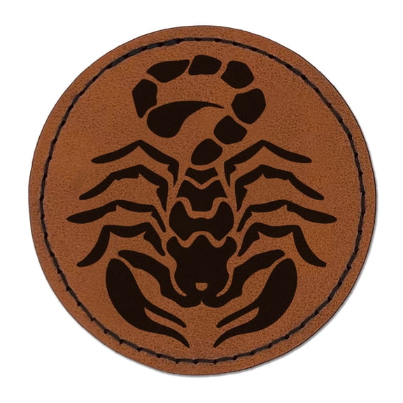 Tribal Scorpion Ready to Strike Round Iron-On Engraved Faux Leather Patch Applique - 2.5 Inch - Brown