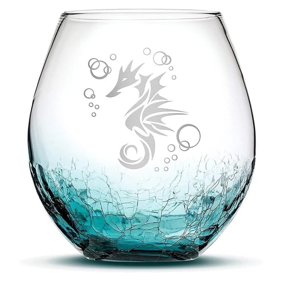 Tribal Seahorse Design Stemless Wine Glass, Handmade, Handblown, Hand Etched Gifts, Sand Carved, 18oz (Crackle Teal)
