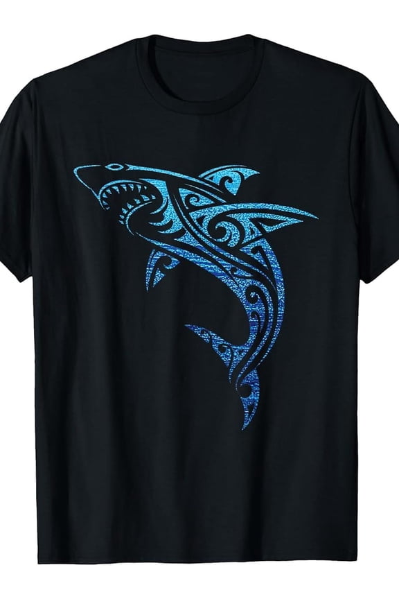 Tribal Shark Graphic T-Shirt Blue Polynesian Style Ocean Sea Life Art Retro Cool Men Women Apparel