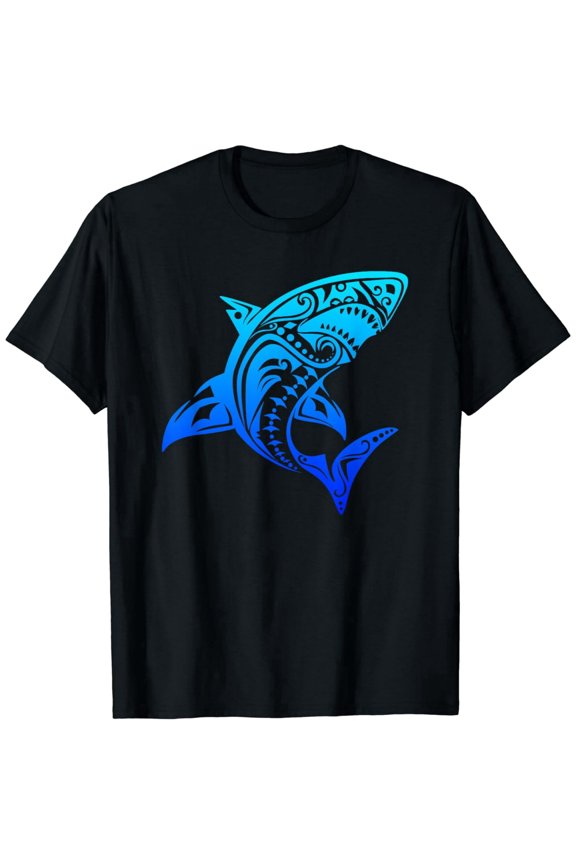 Tribal Shark Graphic T-Shirt Blue Polynesian Style Ocean Sea Life Men's Women's Unisex Retro Summer Tee
