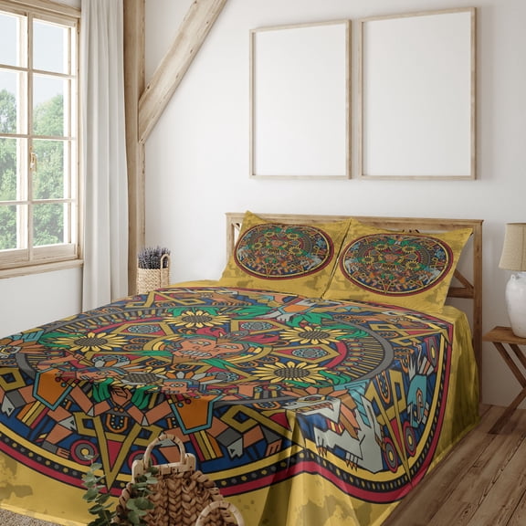 Ambesonne Tribal Fitted & Top Sheet Set with Shams, Symbolic Medallion, Multicolor