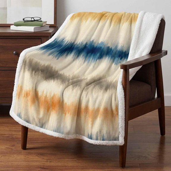 Tribal Sherpa Fleece Throw Blanket Rustic Ikat Ethnic Blend Indigo Tan Ombre Traditional Stripe Super Soft Blankets Plush Fuzzy Throws for Bed Couch Sofa Autumn Winter Warm Thermal Blanket 50x60inch