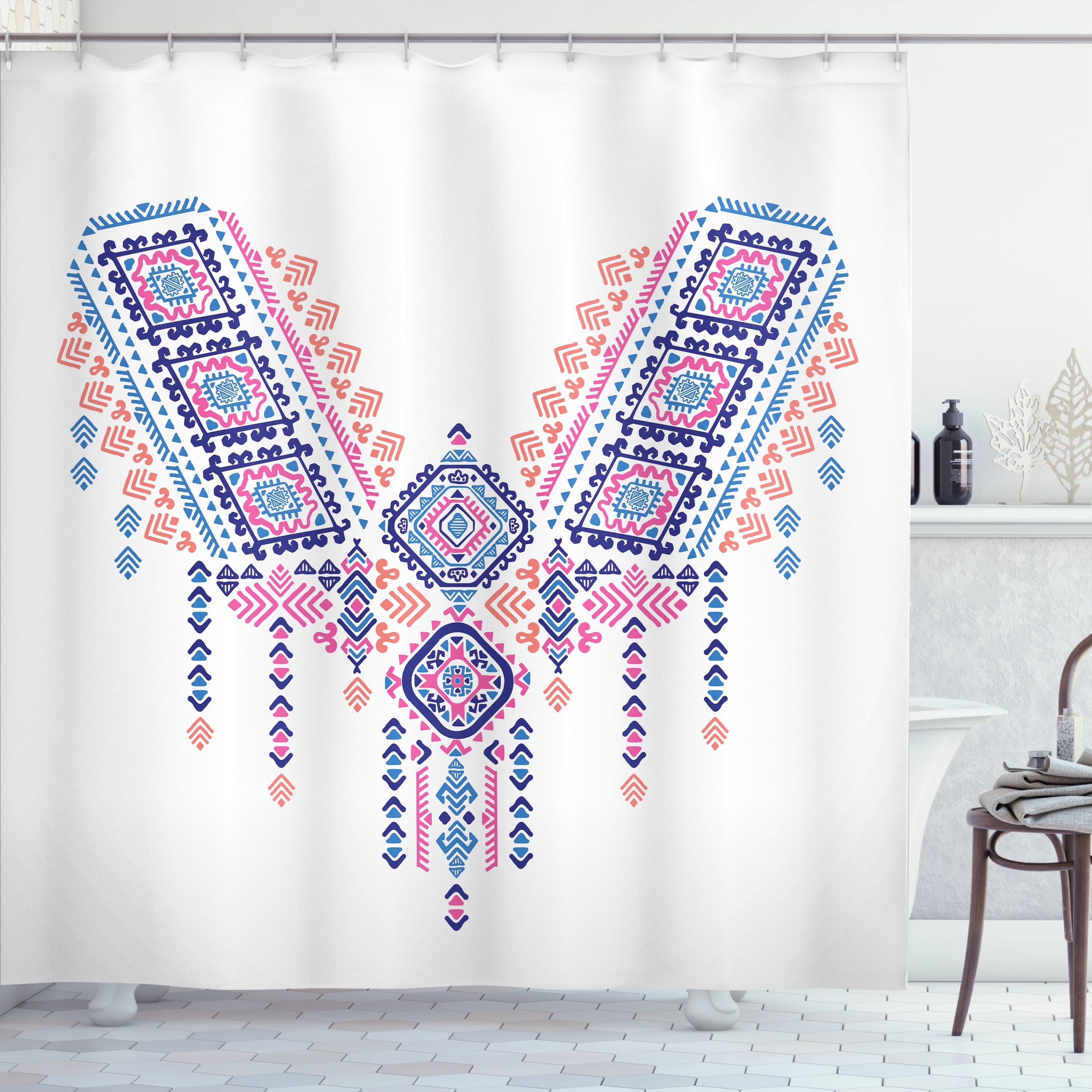 Tribal Shower Curtain, Ethnic African Geometric Design Aztec Style Bohemian Festive Retro Print