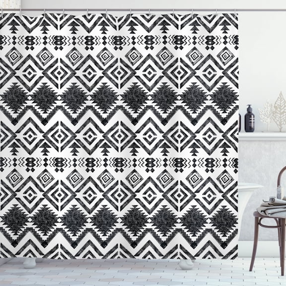 Tribal Shower Curtain, Hand Drawn Style Tribal Pattern Geometric and Oranmental Aztec Design Print, Cloth Fabric Bathroom Decor Set with Hooks, 75" Long, White and Black, by Ambesonne