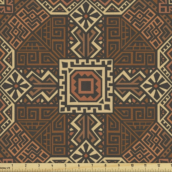Tribal Sofa Upholstery Fabric by the Yard, Ethnic African Funky Nostalgic Geometric Traditional Bohemian Symmetric Motif, Decorative Fabric for DIY and Home Accents, Beige Cinnamon by Ambesonne