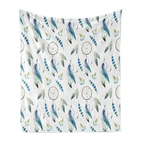 Tribal Soft Flannel Fleece Blanket, Aztec Exotic Feathers Dreamcatchers Traditional Folk Watercolor Boho Art, Cozy Plush for Indoor and Outdoor Use, 70" x 90", Violet Blue Pale Green, by Ambesonne