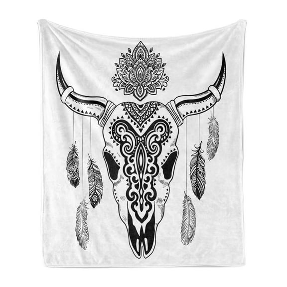 Tribal Soft Flannel Fleece Blanket, Western Bull Skull Mandala Style Dark Folk Feathers Ornamenting Horns, Cozy Plush for Indoor and Outdoor Use, 50" x 60", Charcoal Grey and White, by Ambesonne