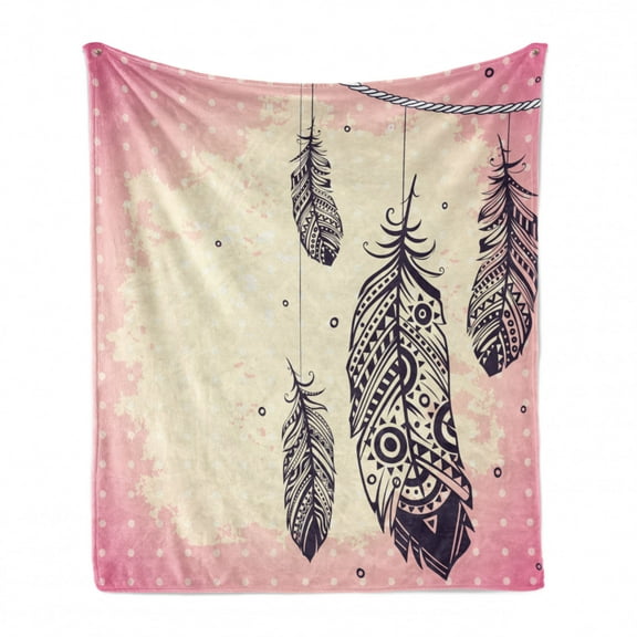 Tribal Soft Flannel Fleece Throw Blanket, Boho Feathers on Paintbrush Polka Dots Dreamcatcher, Cozy Plush for Indoor and Outdoor Use, 50" x 60", Pale Pink Cream, by Ambesonne