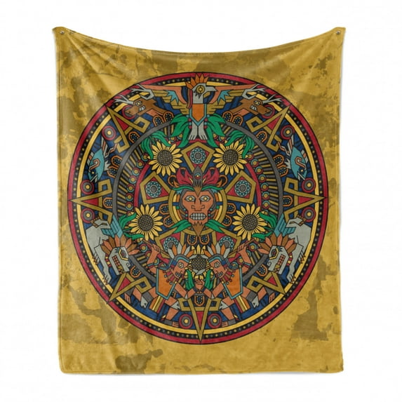 Tribal Soft Flannel Fleece Throw Blanket, Chaotic Design Image with Symbolic Items in Medallion Shape Ornate Print, Cozy Plush for Indoor and Outdoor Use, 70" x 90", Multicolor, by Ambesonne