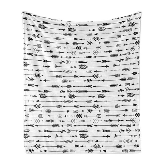 Tribal Soft Flannel Fleece Throw Blanket, Chevron Rustic Pattern Arrows Sketchy Art Print, Cozy Plush for Indoor and Outdoor Use, 70" x 90", Black and White, by Ambesonne