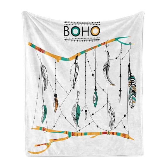 Tribal Soft Flannel Fleece Throw Blanket, Classic Retro Feathers Hippie Old Culture Artwork, Cozy Plush for Indoor and Outdoor Use, 50" x 60", Multicolor, by Ambesonne