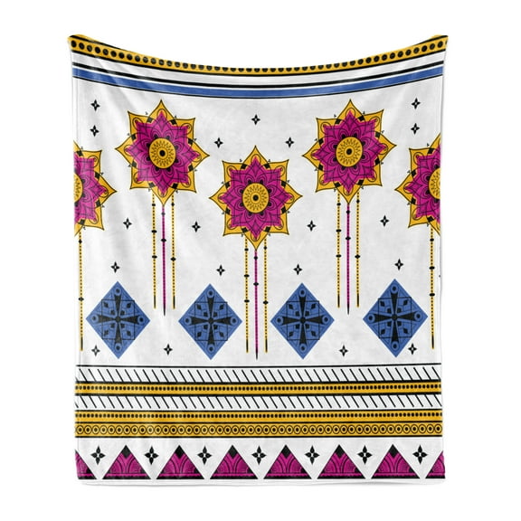 Tribal Soft Flannel Fleece Throw Blanket, Colored Vector Seamless Pattern with Mayan Inspired Motif Print, Cozy Plush for Indoor and Outdoor Use, 50" x 70", Blue Pale Coffee Fuchsia, by Ambesonne