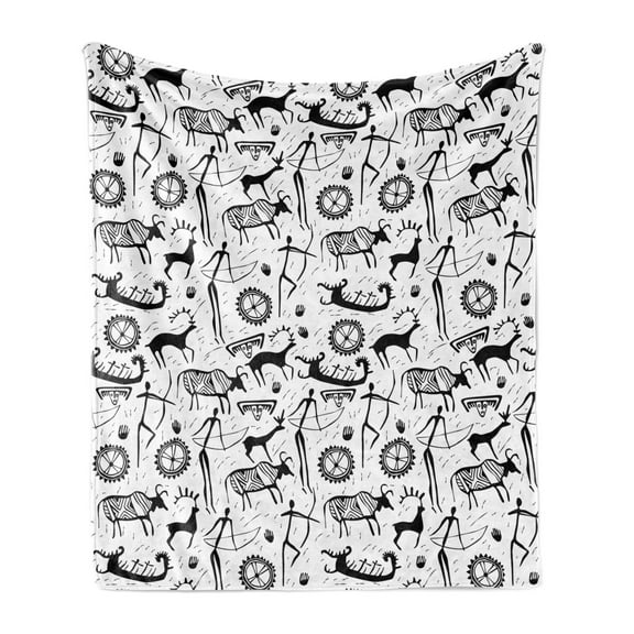 Tribal Soft Flannel Fleece Throw Blanket, Culture Pattern with Traditional Animal and Arrows Folk Design, Cozy Plush for Indoor and Outdoor Use, 50" x 60", Black and White, by Ambesonne