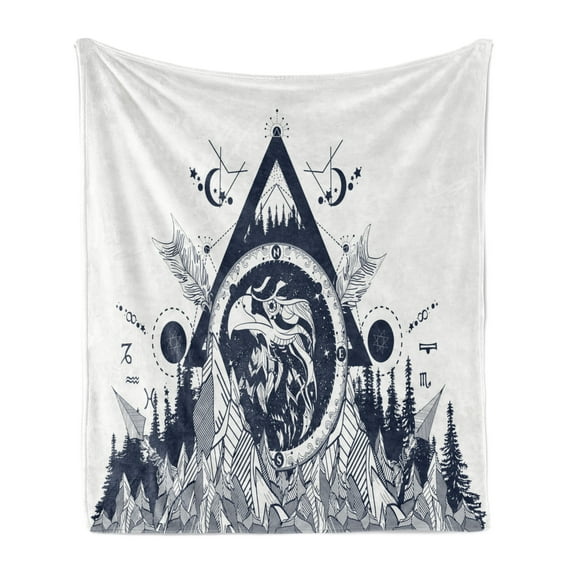 Tribal Soft Flannel Fleece Throw Blanket, Eagle with Forest and Mountains Astrological Design, Cozy Plush for Indoor and Outdoor Use, 70" x 90", Dark Blue Off White, by Ambesonne