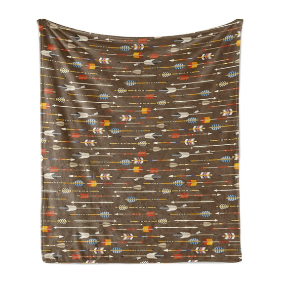 Tribal Soft Flannel Fleece Throw Blanket, Eastern Style with Brown Backdrop and Colorful Arrows Image, Cozy Plush for Indoor and Outdoor Use, 50" x 60", Multicolor, by Ambesonne