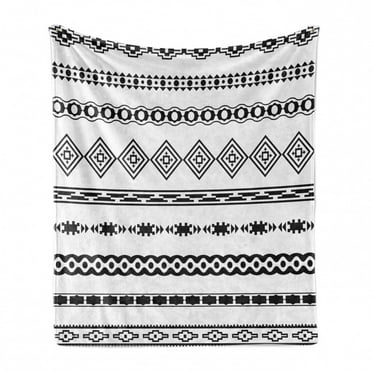 Tribal Soft Flannel Fleece Throw Blanket, Ethnic Abstract Geometric Forms Stripes Aztec Effects Folkloric Design Print, Cozy Plush for Indoor and Outdoor Use, 50" x 60", White Black, by Ambesonne