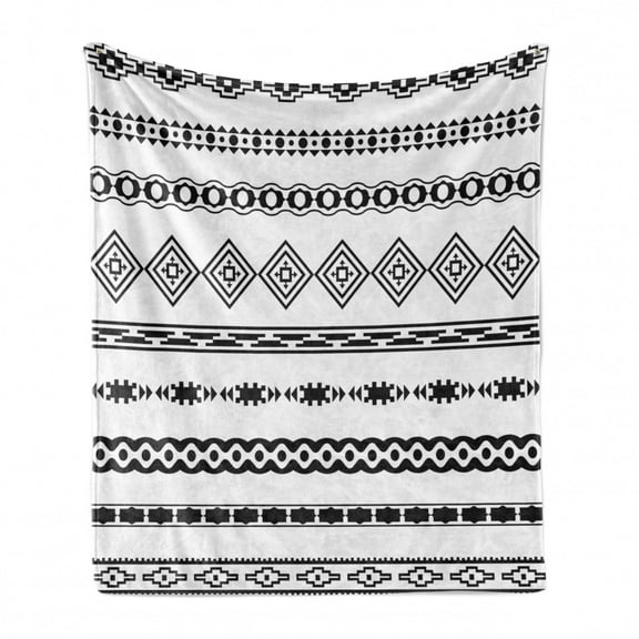 Tribal Soft Flannel Fleece Throw Blanket, Ethnic Abstract Geometric Forms Stripes Aztec Effects Folkloric Design Print, Cozy Plush for Indoor and Outdoor Use, 50" x 60", White Black, by Ambesonne
