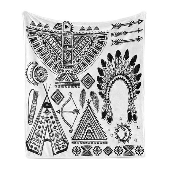 Tribal Soft Flannel Fleece Throw Blanket, Feather Head Band Teepee Tent Bow and Arrow Art Print, Cozy Plush for Indoor and Outdoor Use, 50" x 60", Black and White, by Ambesonne