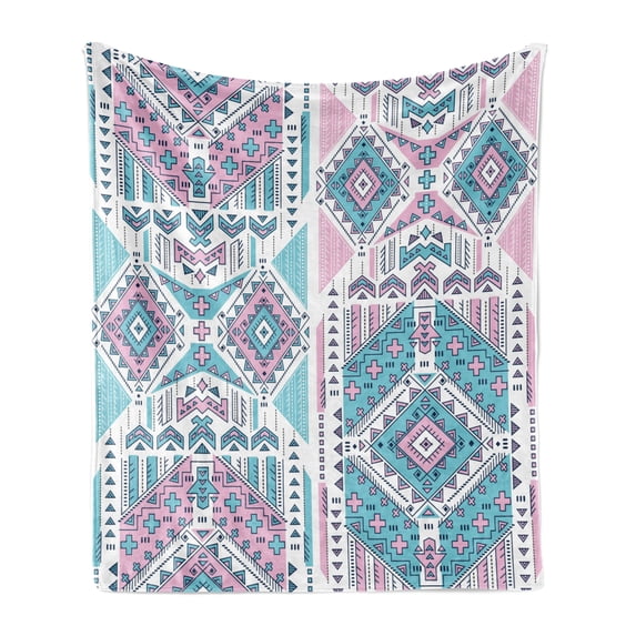Tribal Soft Flannel Fleece Throw Blanket, Geometric Bohemian Design Vintage Pastel Colors Art, Cozy Plush for Indoor and Outdoor Use, 50" x 70", Pale Pink and Teal, by Ambesonne