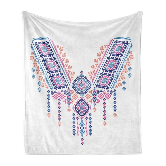 Tribal Soft Flannel Fleece Throw Blanket, Geometric Design Aztec Style Bohemian Retro Print, Cozy Plush for Indoor and Outdoor Use, 50" x 70", Coral Pink and Blue, by Ambesonne