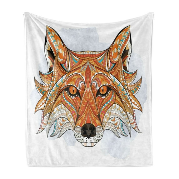 Tribal Soft Flannel Fleece Throw Blanket, Geometric Fox Portrait with Oriental Ornaments Totem Animal Fauna Design Print, Cozy Plush for Indoor and Outdoor Use, 50" x 70", Orange Amber, by Ambesonne