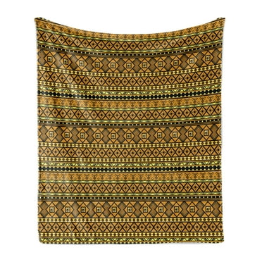 Tribal Soft Flannel Fleece Throw Blanket, Geometric Pattern with Origins Exotic Folk Influences, Cozy Plush for Indoor and Outdoor Use, 50" x 70", Amber Yellow and Black, by Ambesonne